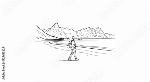 A solitary figure walks along a winding path beside a body of water with mountains in the distance