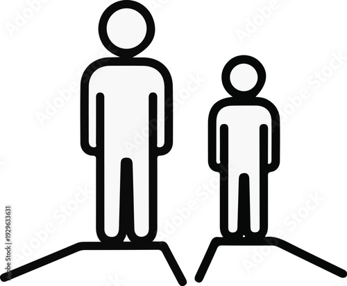 Stylized figures, one tall and one short, stand on elevated platforms