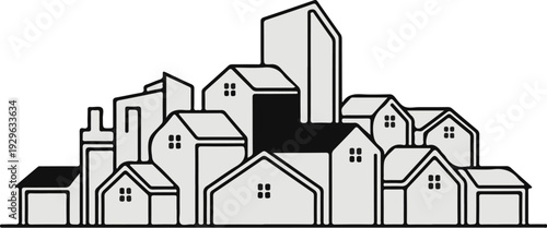 Stylized cityscape with varied building shapes and rooftop designs