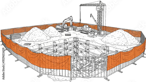 Excavation site with heavy machinery, shoring, and safety barriers