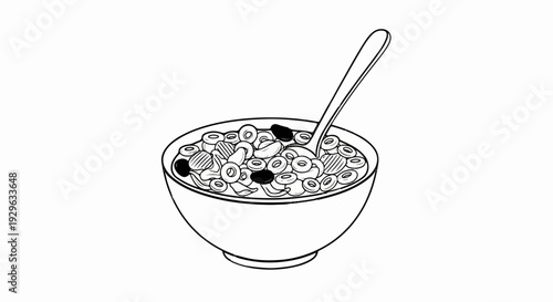 Black and white drawing of a bowl of cereal with a spoon