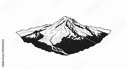 A stark black and white illustration of a majestic mountain range with a glacier