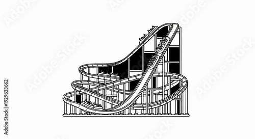 Rollercoaster with cars ascending and descending on tracks in an amusement park