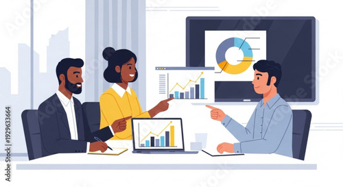 Business team analyzing data on laptop and screen in meeting