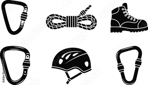Black silhouette vector illustrations of climbing gear including carabiners, rope, helmet, and hiking boot, symbolizing mountaineering, outdoor adventure, and safety equipment projects.