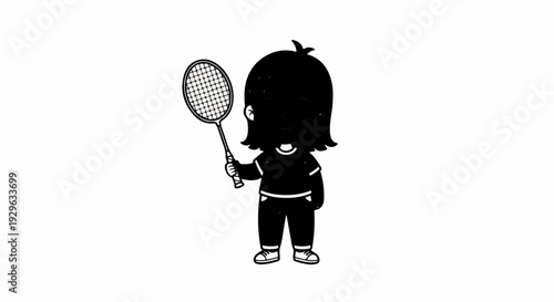 Cartoon child in silhouette holding a badminton racket, ready to play