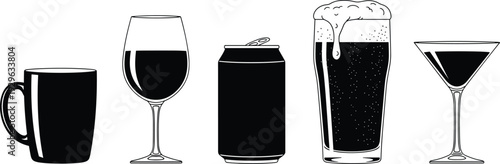 Black silhouette vector illustrations of coffee mug, wine glass, soda can, beer glass, and cocktail glass, symbolizing drinks, beverages, and barware design projects.