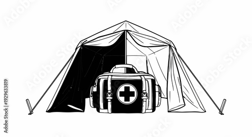 A black and white sketch shows a tent with a medical bag inside