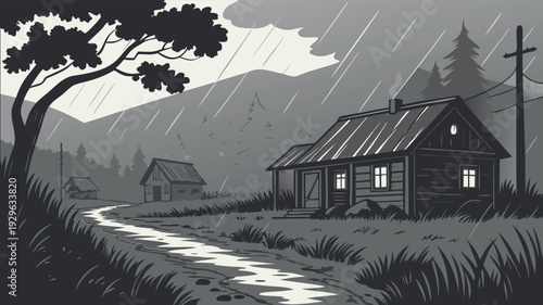 Monochromatic Black and White Illustration of a Rainy Mountain Village with Rustic Wooden Cabins