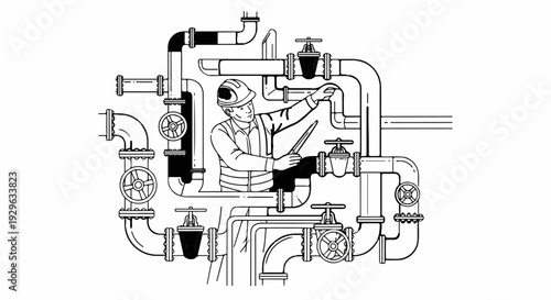 A worker in a hard hat adjusts valves on a complex industrial pipe system