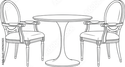 Black silhouette vector illustration of round pedestal table with two ornate armchairs, symbolizing classic furniture, interior design, and elegant decor for creative projects.