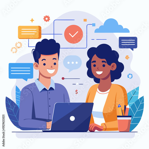 cloud computing concept vector illustration. Smiling team professional employees working together on computer discussing online technology data solutions at work. Two young busy diverse coworkers