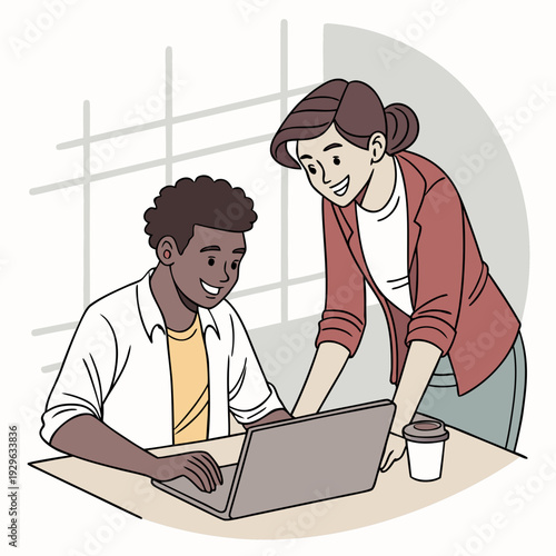 two business people working on laptop. Smiling team professional employees working together on computer discussing online technology data solutions at work. Two young busy diverse coworkers business