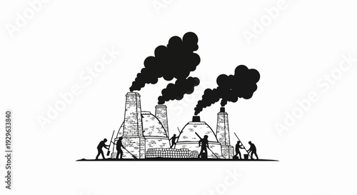 Black and white illustration of an industrial scene with workers and smoking chimneys