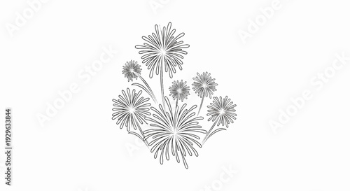 Stylized black line drawing of bursting fireworks against a white background