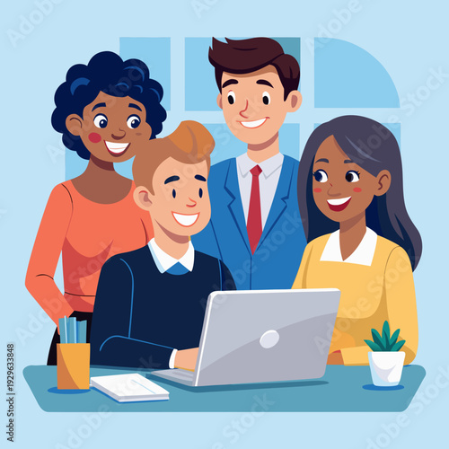 business people working together. Smiling team professional employees working together on computer discussing online technology data solutions at work. Two young busy diverse coworkers business people