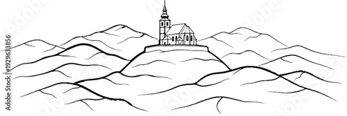 A simple drawing of a church on a hill surrounded by rolling hills