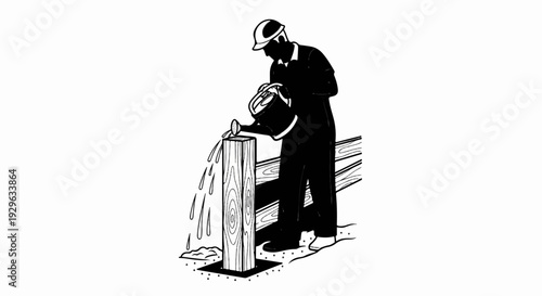 Black silhouette of a worker in a hard hat watering a wooden post