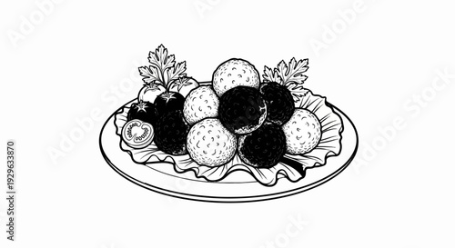 A plate of round food items, some light and some dark, garnished with tomatoes and greens