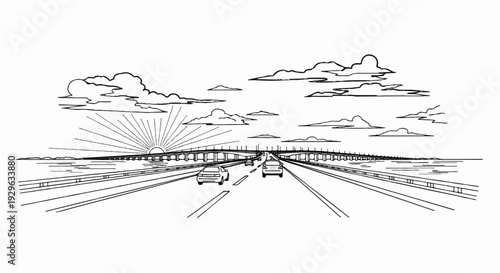 Cars drive on a highway bridge over water at sunrise with clouds