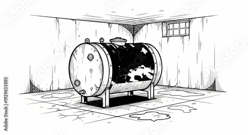 A crude drawing of a rusty, stained water tank in a grimy room