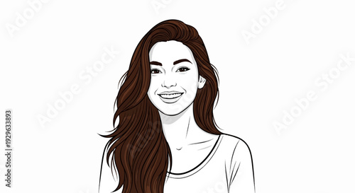 A cheerful woman with long, flowing brown hair smiles broadly against a white background