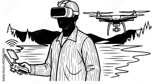 Person wearing VR headset controls drone with remote in a natural landscape