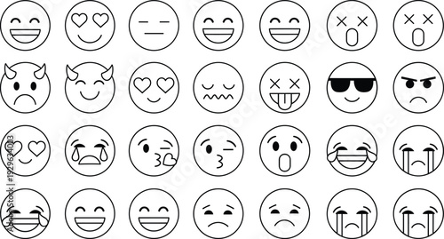 Black silhouette vector illustrations of emoji faces with varied expressions, symbolizing emotions, communication, and digital media design for creative and commercial projects.