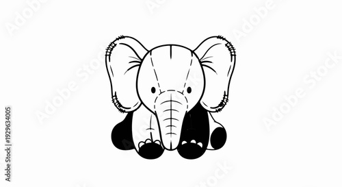 Cute cartoon elephant, a black and white illustration with large ears
