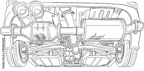 Detailed line drawing of a vehicle's underside, showcasing exhaust and suspension systems