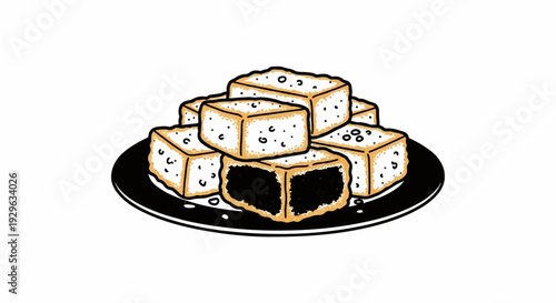 Stacked golden brown cubes with dark filling on a black plate