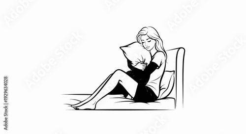 A woman hugs a pillow while sitting on a bed with her eyes closed
