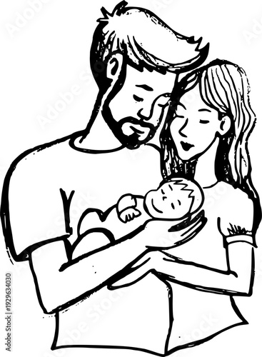 Hand drawn sketch of happy parents holding their newborn baby. Young family vector illustration.