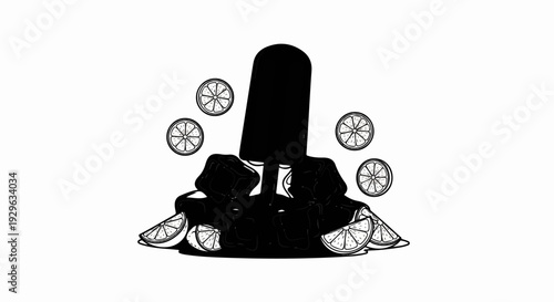 A black popsicle is surrounded by ice cubes and citrus slices on a white background