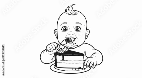 Baby joyfully eats a slice of cake with a fork, smudges on chin