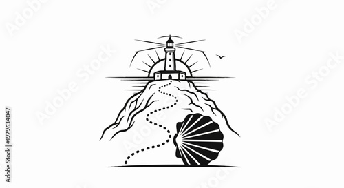 A lighthouse stands atop a rocky hill, with a dotted path leading to a large shell