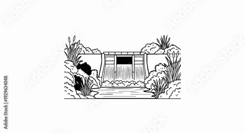 A simple line drawing depicts a dam with water cascading downwards and surrounding vegetation