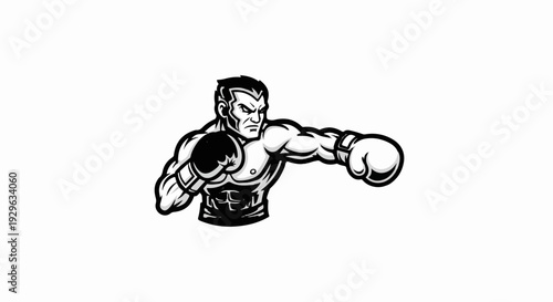 Muscular boxer in black and white, throwing a punch with determined expression