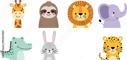 Cute Wild Animal Faces Giraffe Sloth Lion Elephant Bunny Vector Set