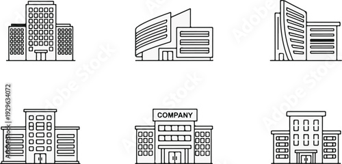 Collection of stylized, line-art buildings representing different corporate structures