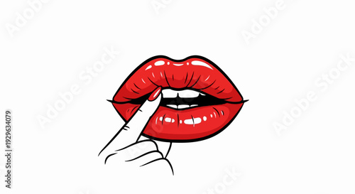 Glossy red lips are gently touched by a manicured finger, inviting mystery