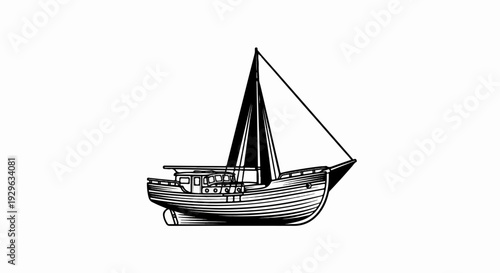 A vintage black and white illustration of a sailing vessel