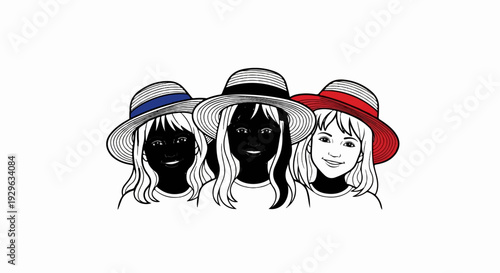 Three girls wearing straw hats with colored bands blue, black, and red