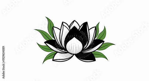 Stylized black and white lotus flower with green leaves on white background