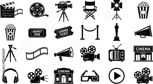 Cinema and film entertainment silhouette icon set featuring movie production equipment, theater symbols, media devices and filmmaking collection isolated on white background