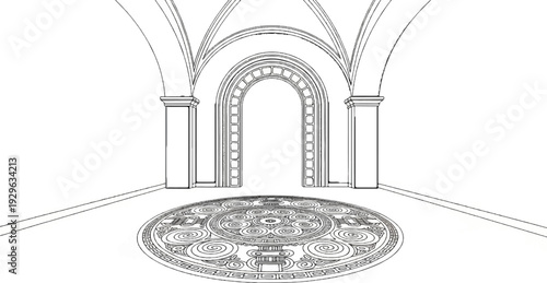 Ornate circular mosaic floor under arched passage and flanking columns