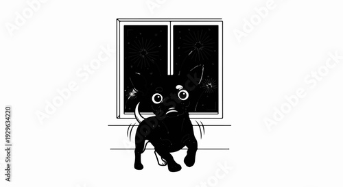 A frightened dog cowers by a window as fireworks explode outside