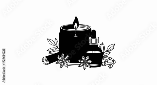 A lit candle with a dropper bottle, surrounded by spices and leaves