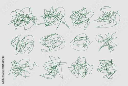 Messy pen scratch abstract doodle set, chaotic green ink scribbles on white background, expressing confusion, creativity or brainstorming, hand drawn random lines, modern minimal illustration concepts
