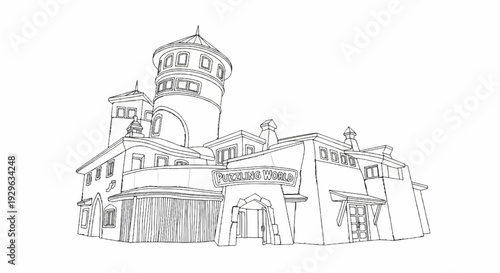 Whimsical building with a tall tower, arched entrance, and sign reading "Puzzling World